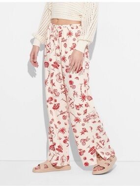 Linen Wide-Leg Lounge Pants with Red Tropical Print